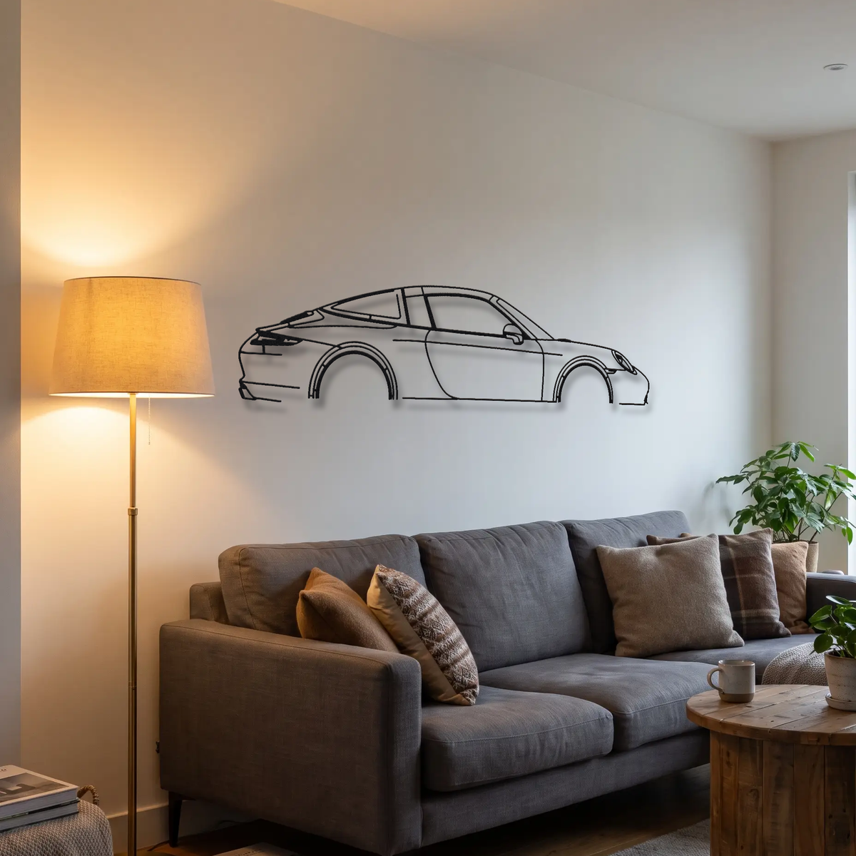 Porsche 911 Targa 991 metal wall art above a sofa in a living room