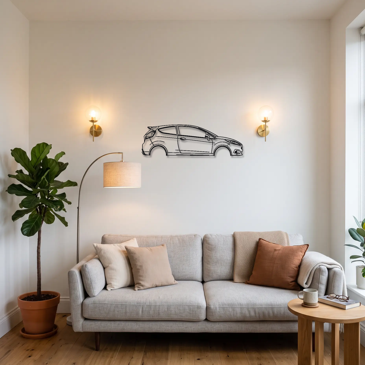 2014-19 Ford Fiesta ST MK7 metal wall art above a sofa in a living room