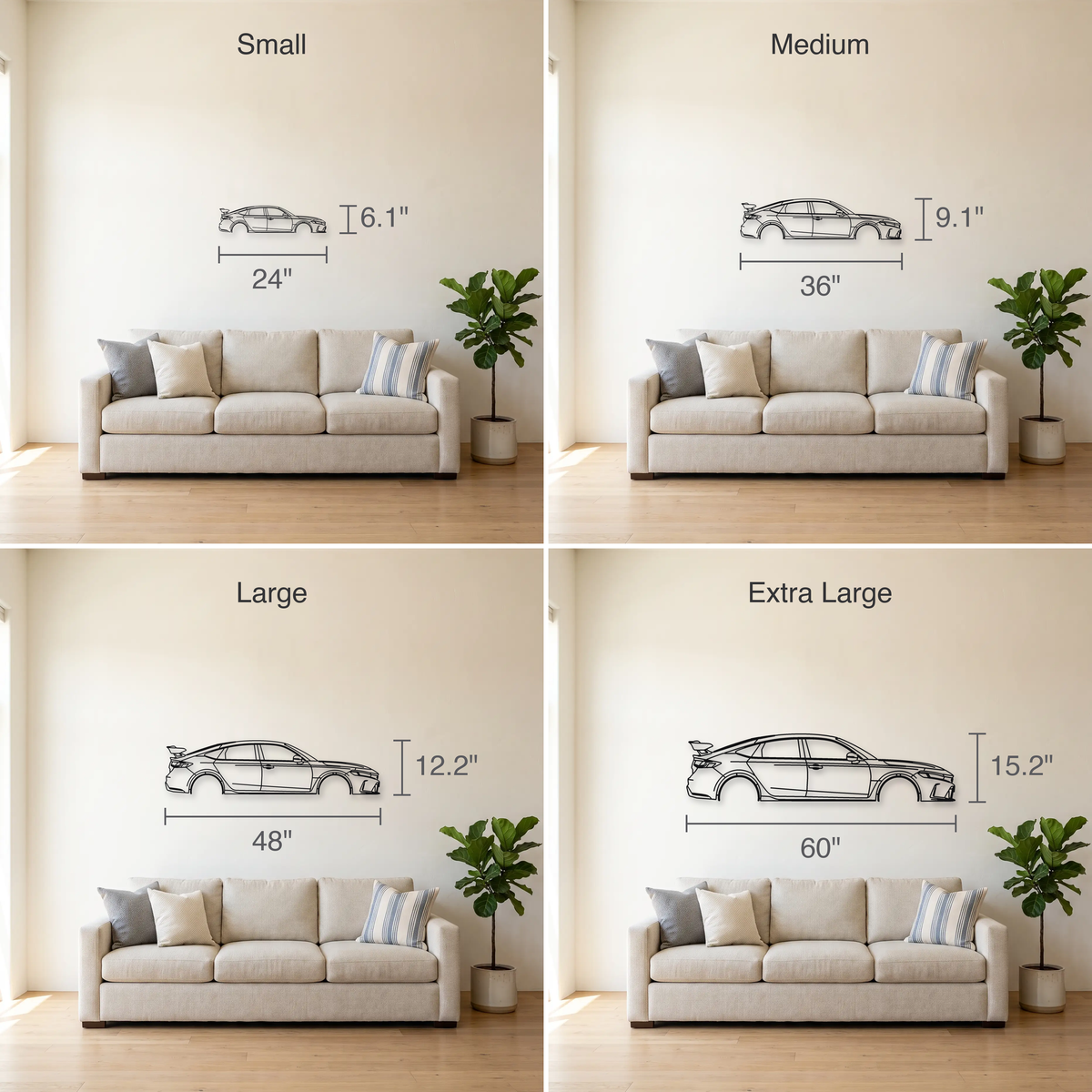 Honda Civic Type R FL5 size guide — all four sizes to scale
