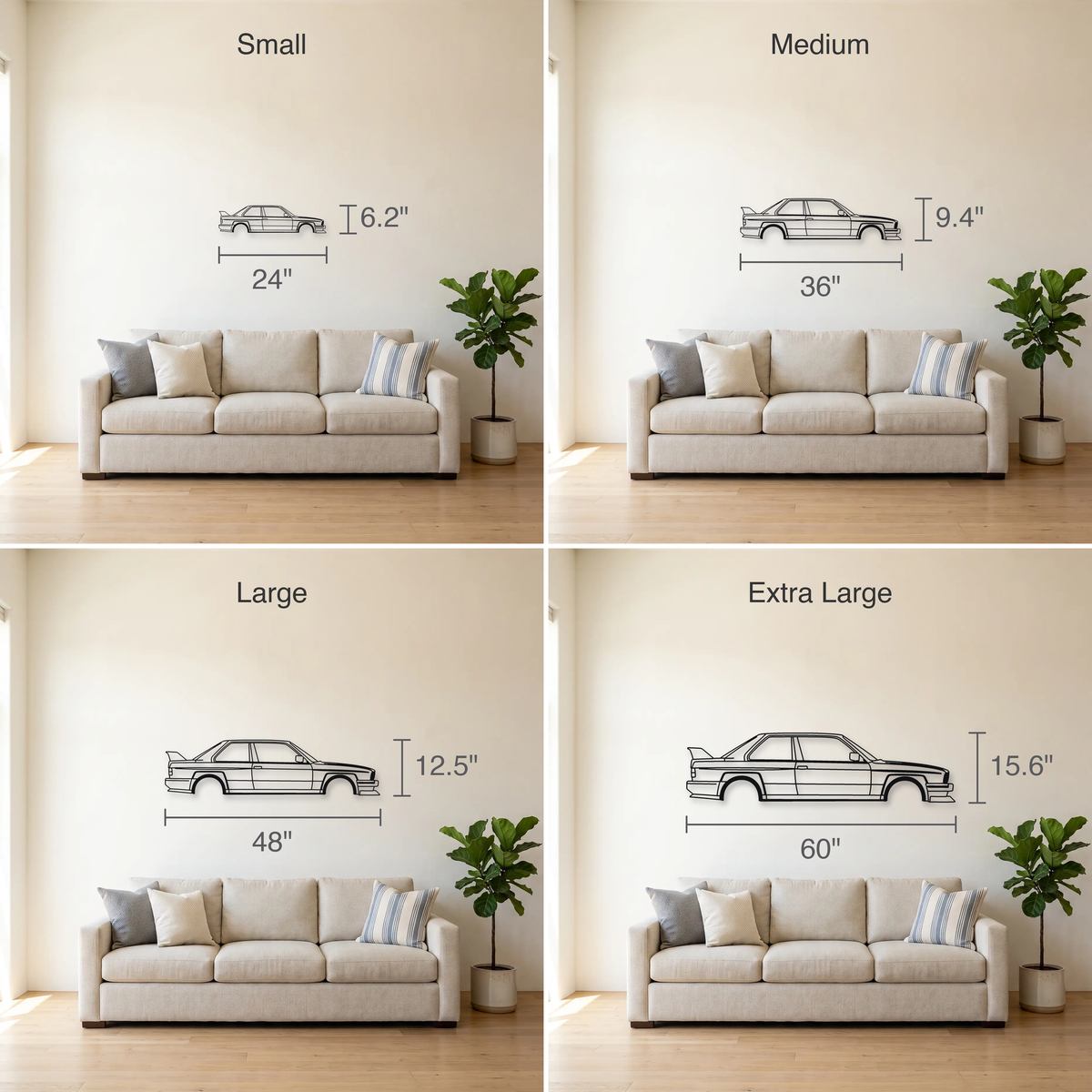 BMW M3 Evolution II E30 size guide — all four sizes to scale