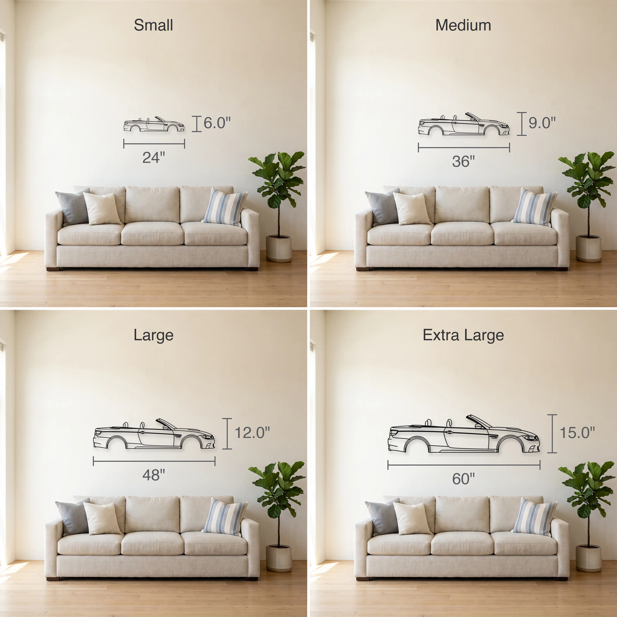 BMW M3 Convertible E93 size guide — all four sizes to scale