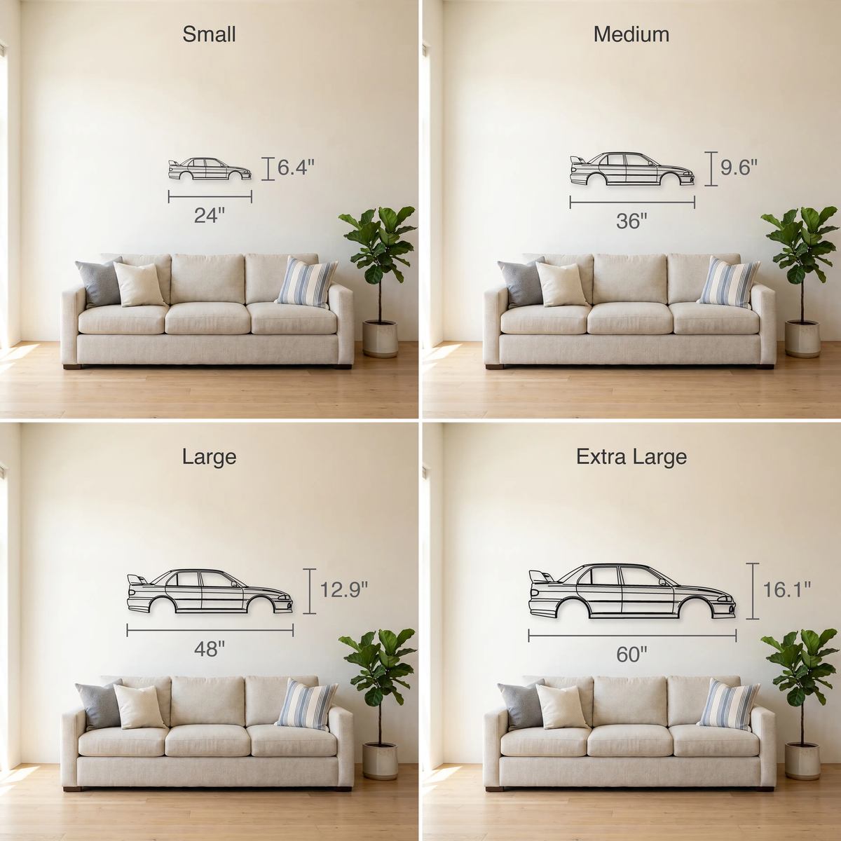 Mitsubishi Lancer Evolution II CE9A size guide — all four sizes to scale
