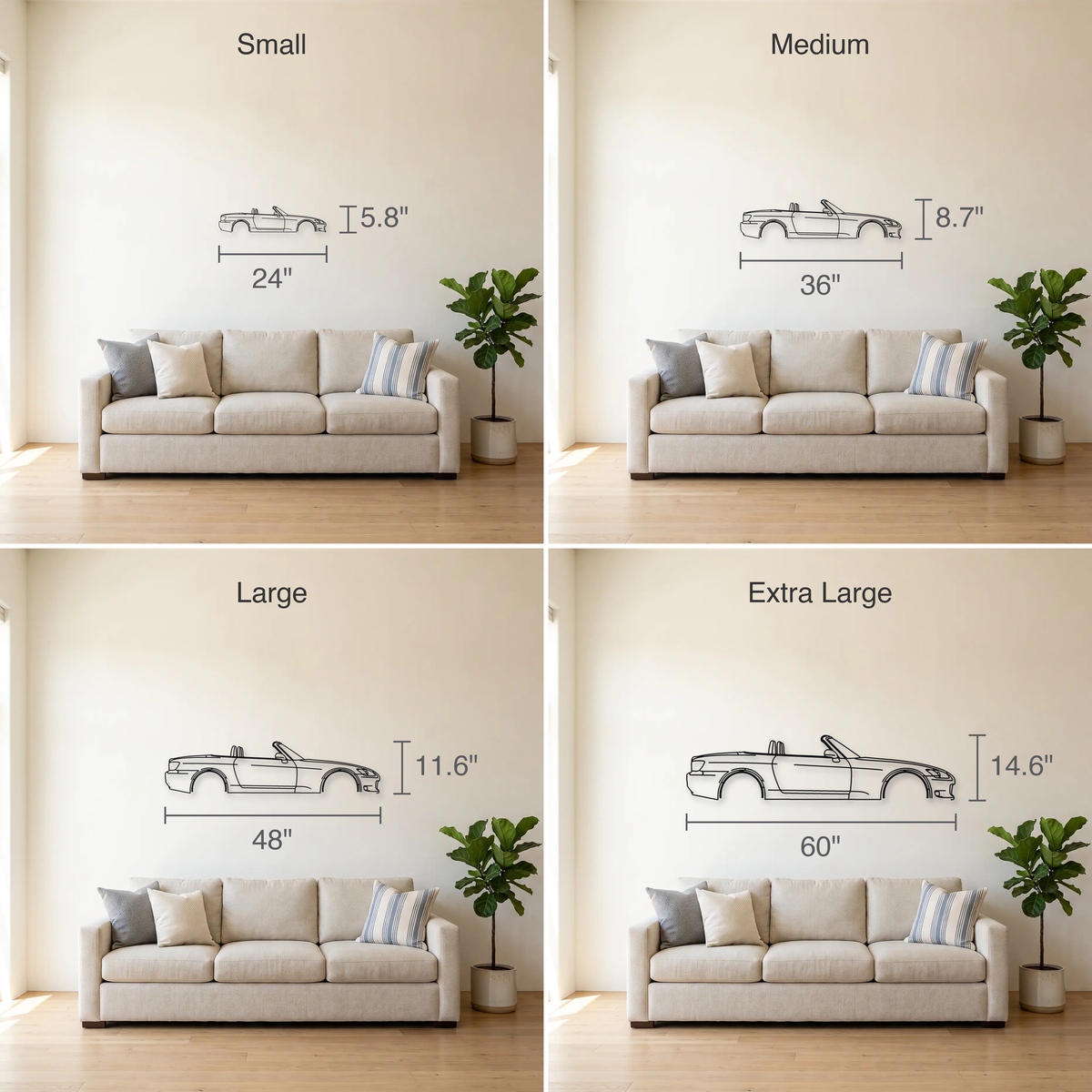 Honda S2000 AP2 size guide — all four sizes to scale