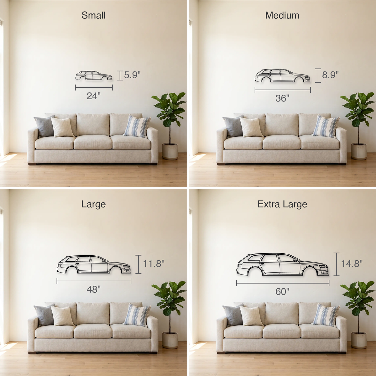Audi RS6 Avant C6 size guide — all four sizes to scale