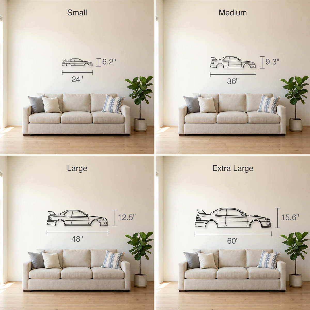 Subaru Impreza 22B STI size guide — all four sizes to scale