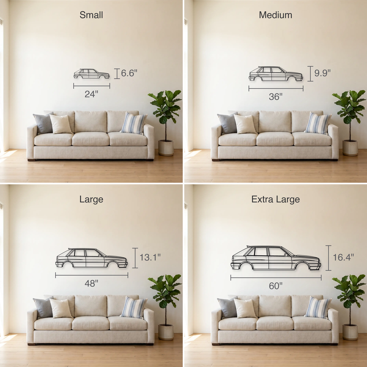 Lancia Delta HF Turbo size guide — all four sizes to scale