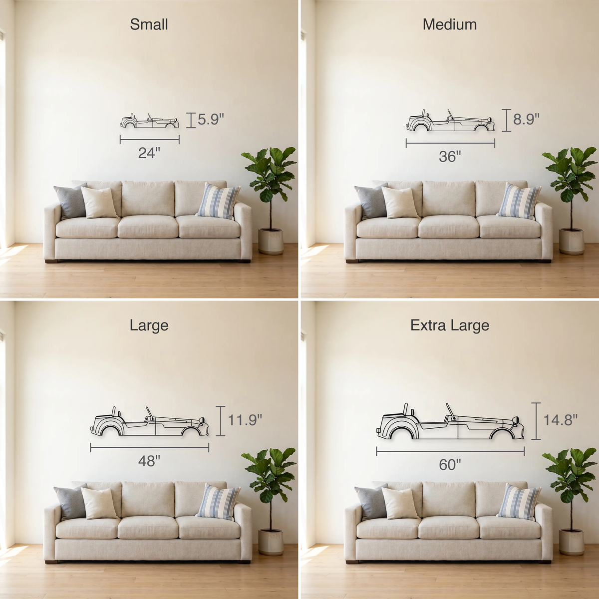 Caterham Super Seven size guide — all four sizes to scale