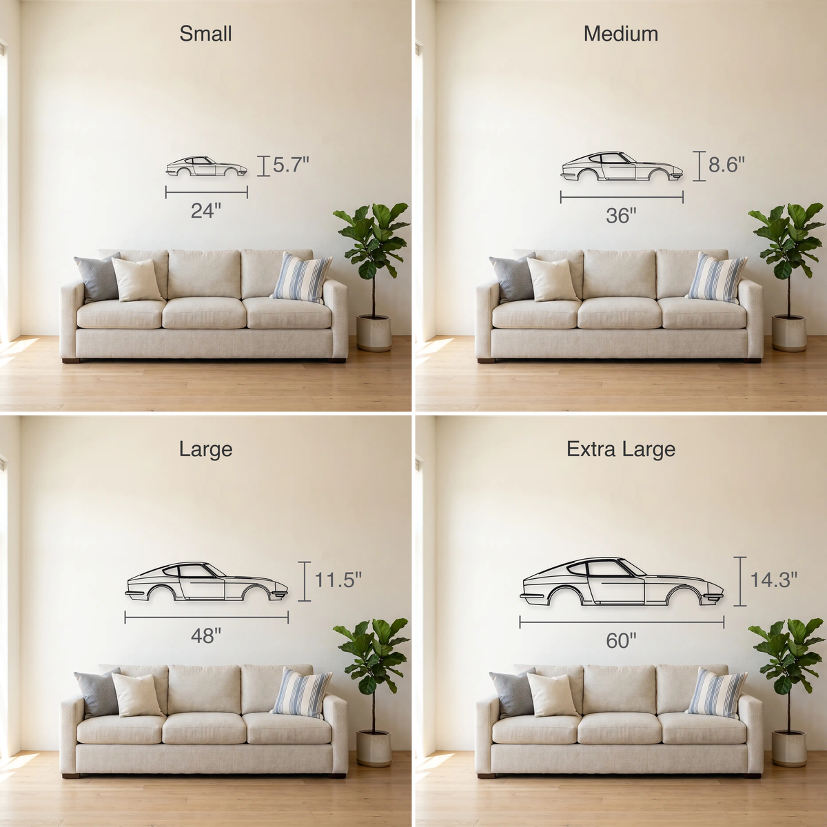 Datsun 240Z size guide — all four sizes to scale