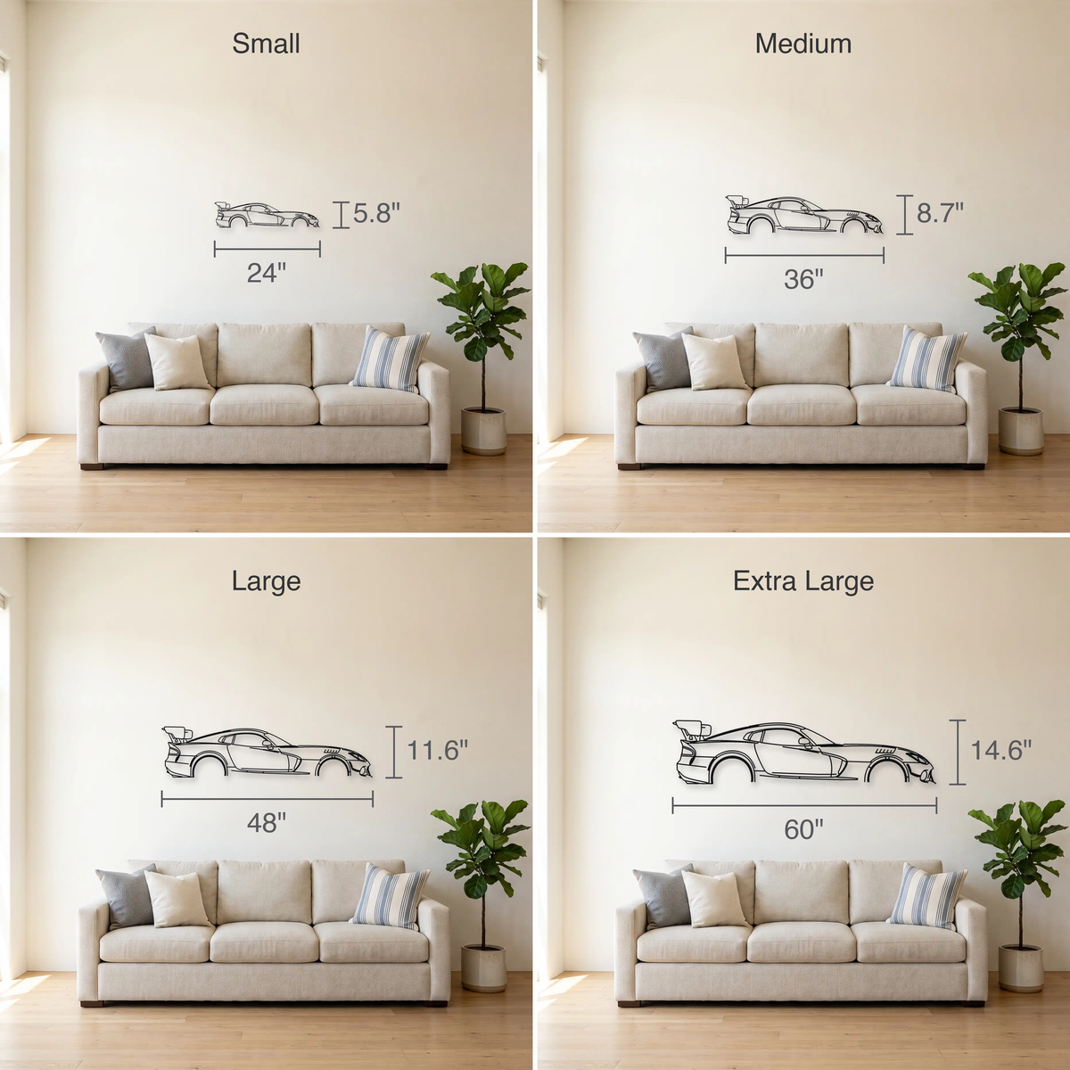 Dodge Viper ACR Gen 4 size guide — all four sizes to scale