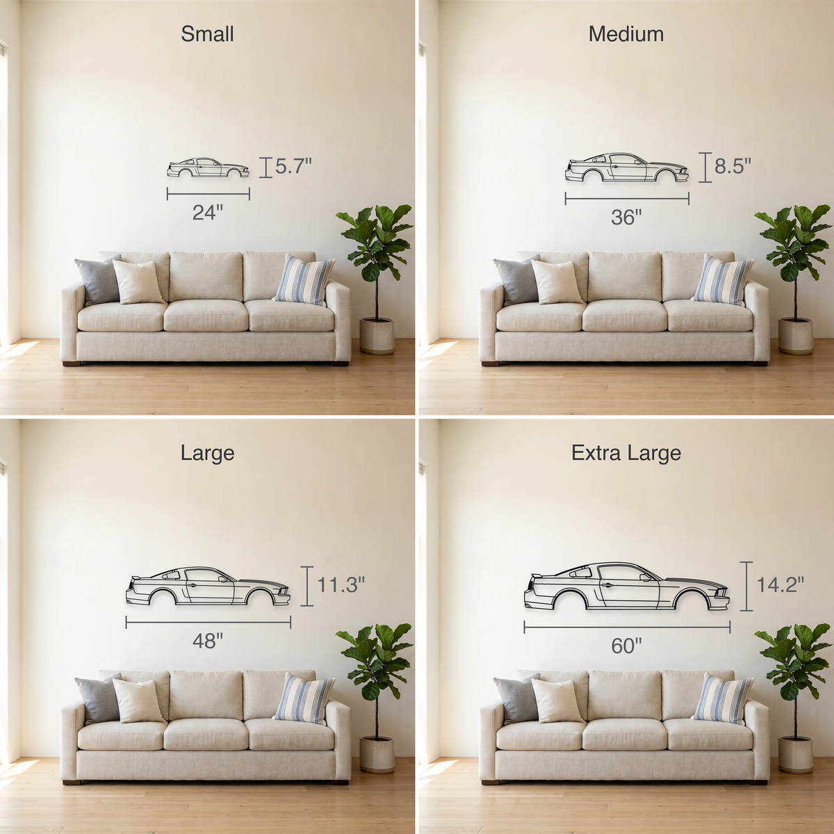 Ford Mustang GT S197 size guide — all four sizes to scale