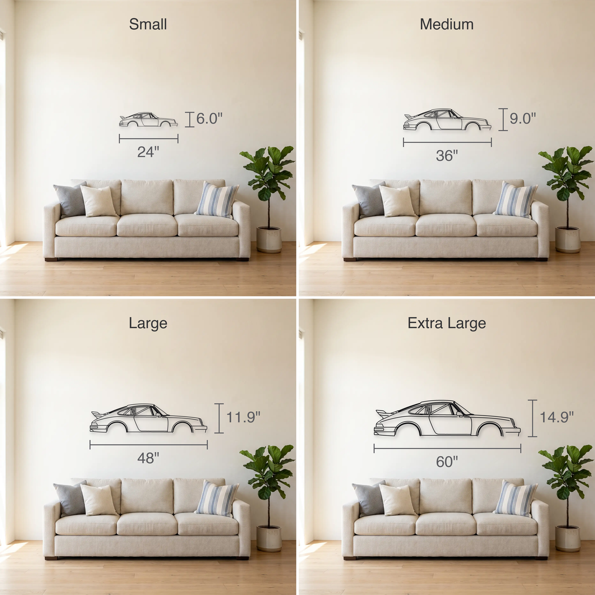 RUF CTR Yellowbird size guide — all four sizes to scale
