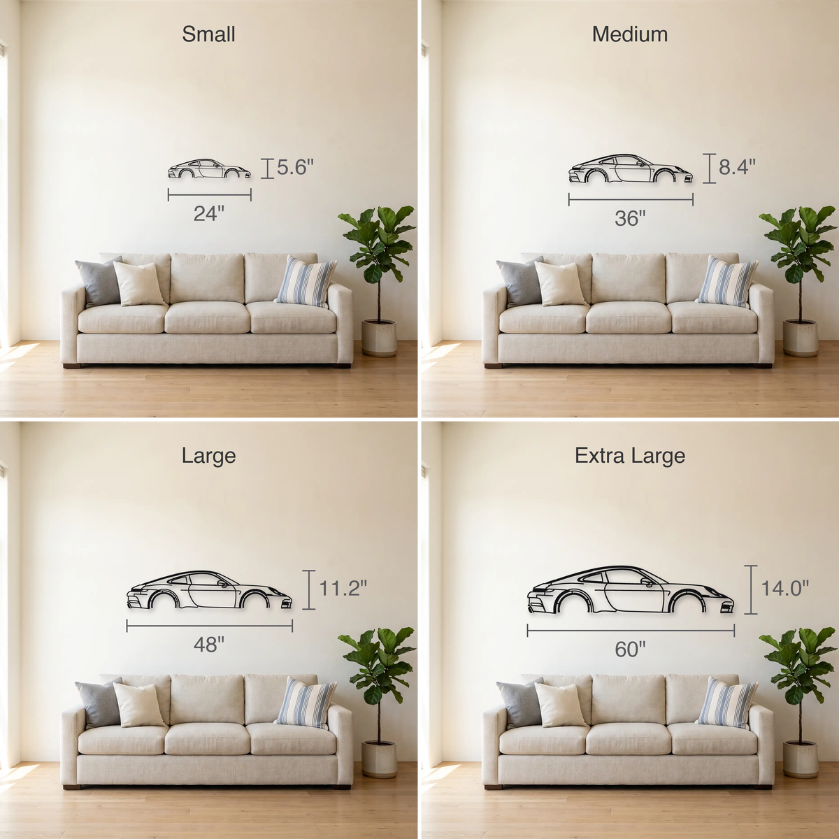 2025- Porsche 911 Carrera GTS T-Hybrid 992.2 size guide — all four sizes to scale
