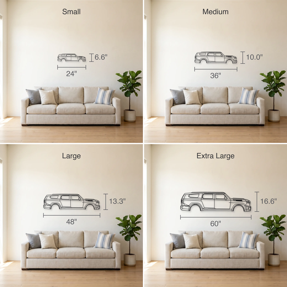 Rezvani Tank size guide — all four sizes to scale