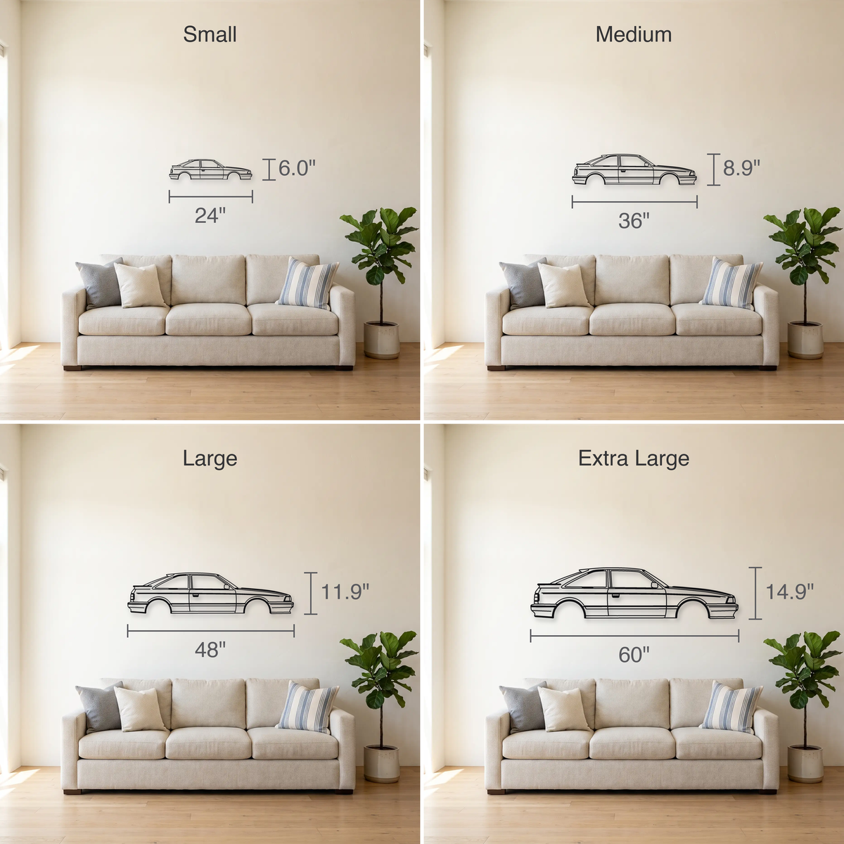 Mazda 323 GTX / Familia GT-X size guide — all four sizes to scale