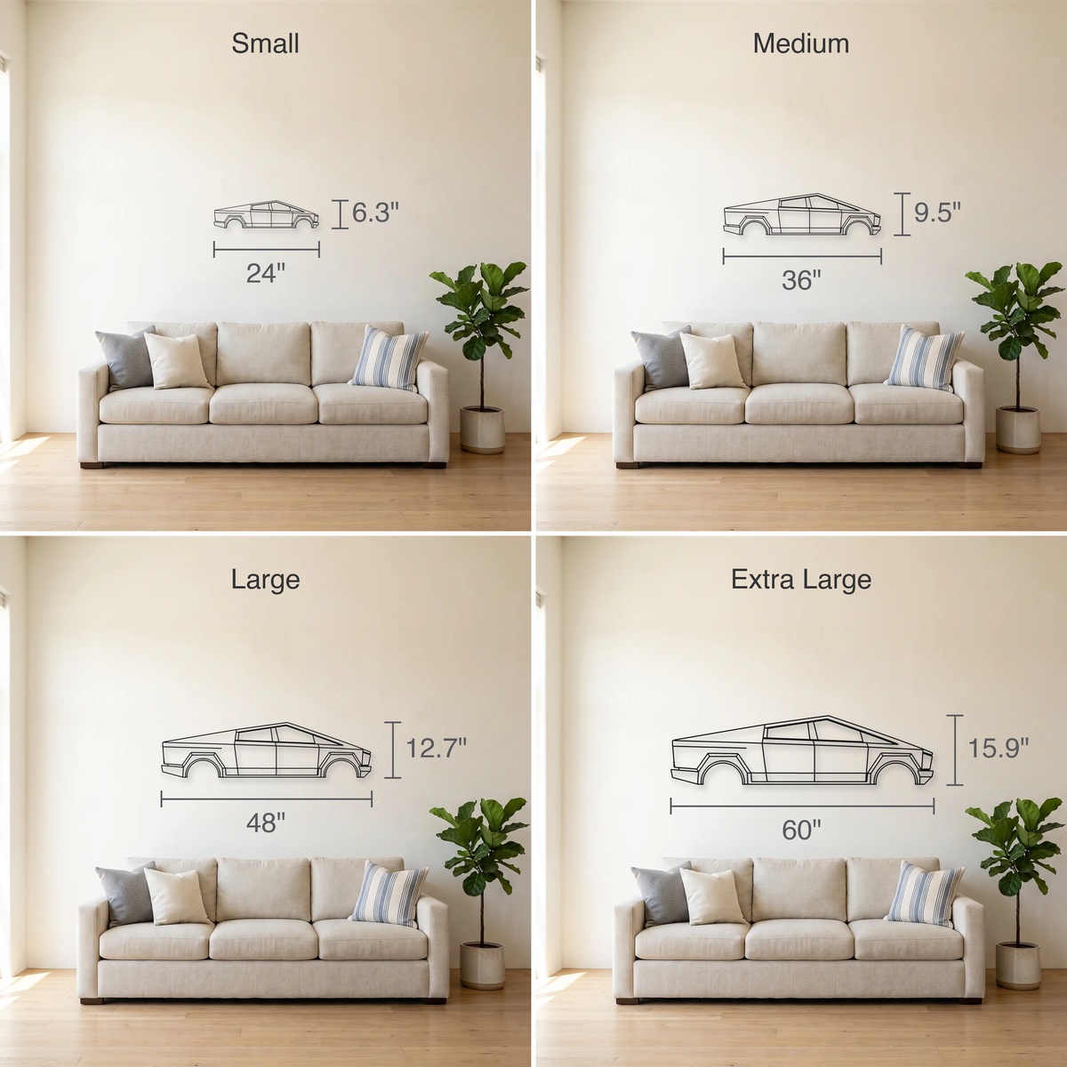 Tesla Cybertruck Cyberbeast size guide — all four sizes to scale