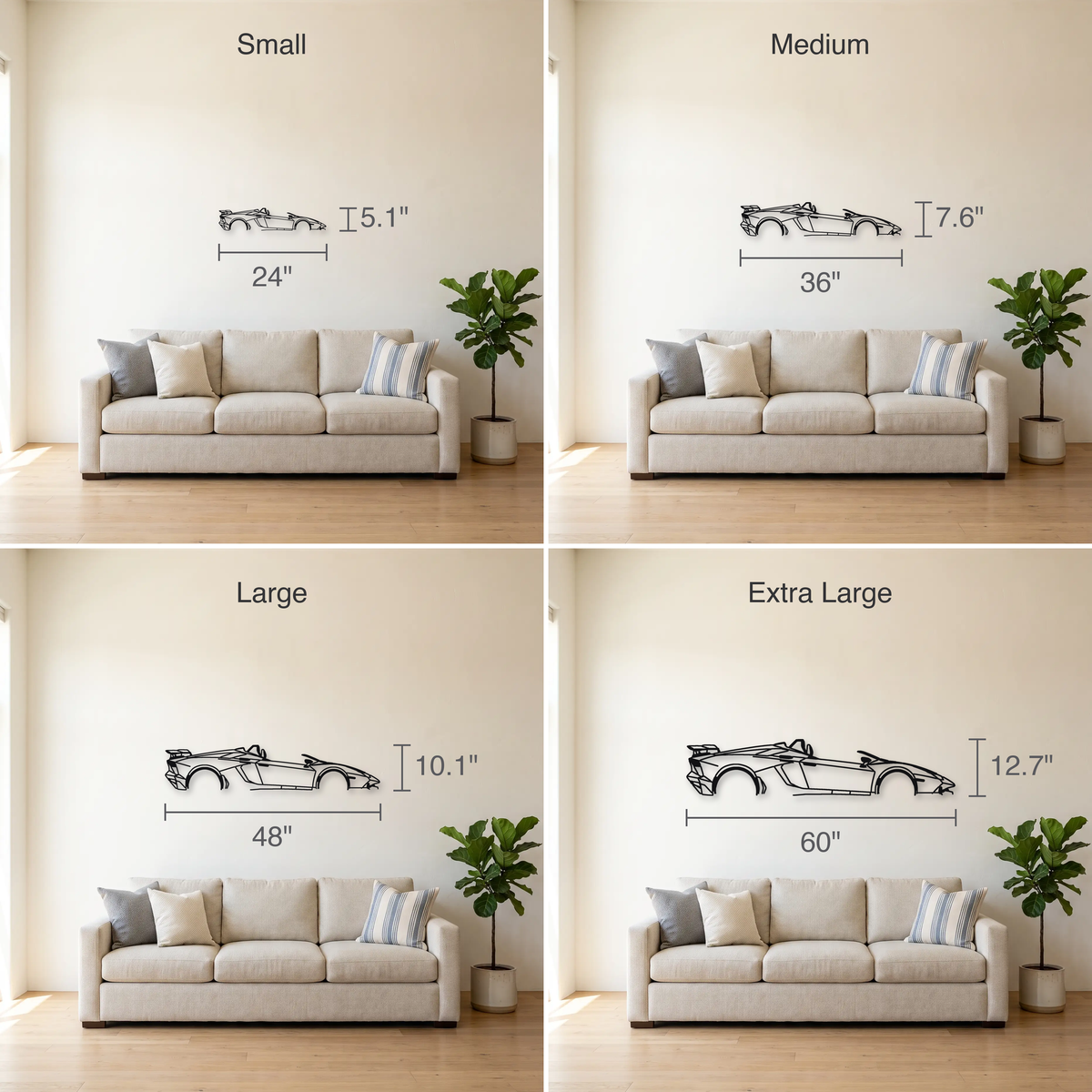 2012 Lamborghini Aventador J One-off size guide — all four sizes to scale