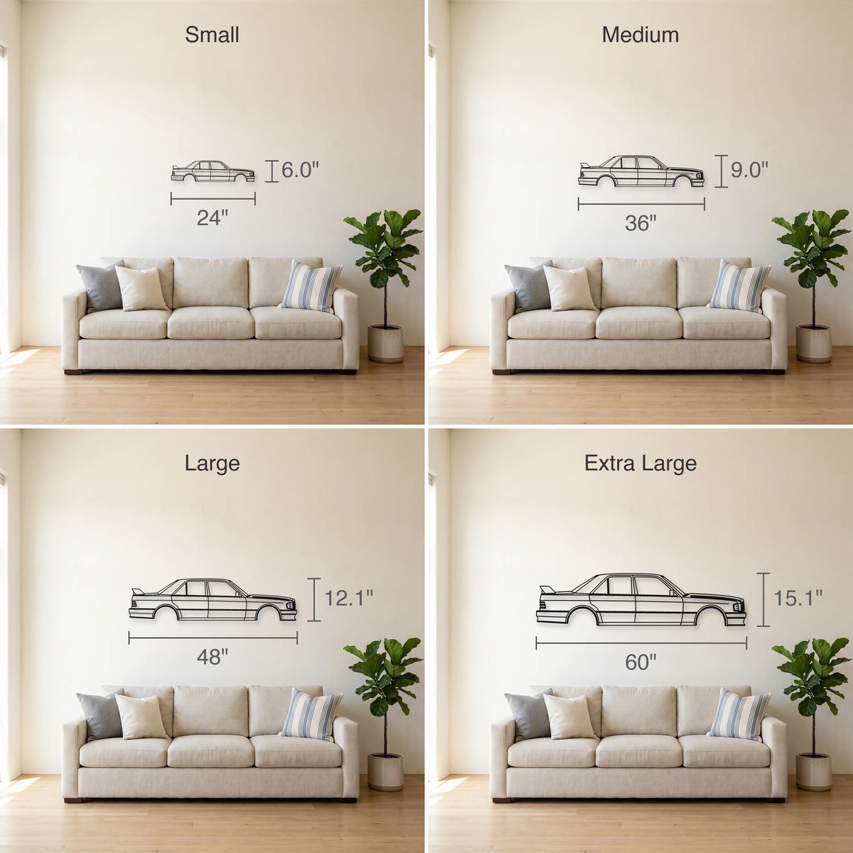 Mercedes-Benz 190E 2.5-16 size guide — all four sizes to scale
