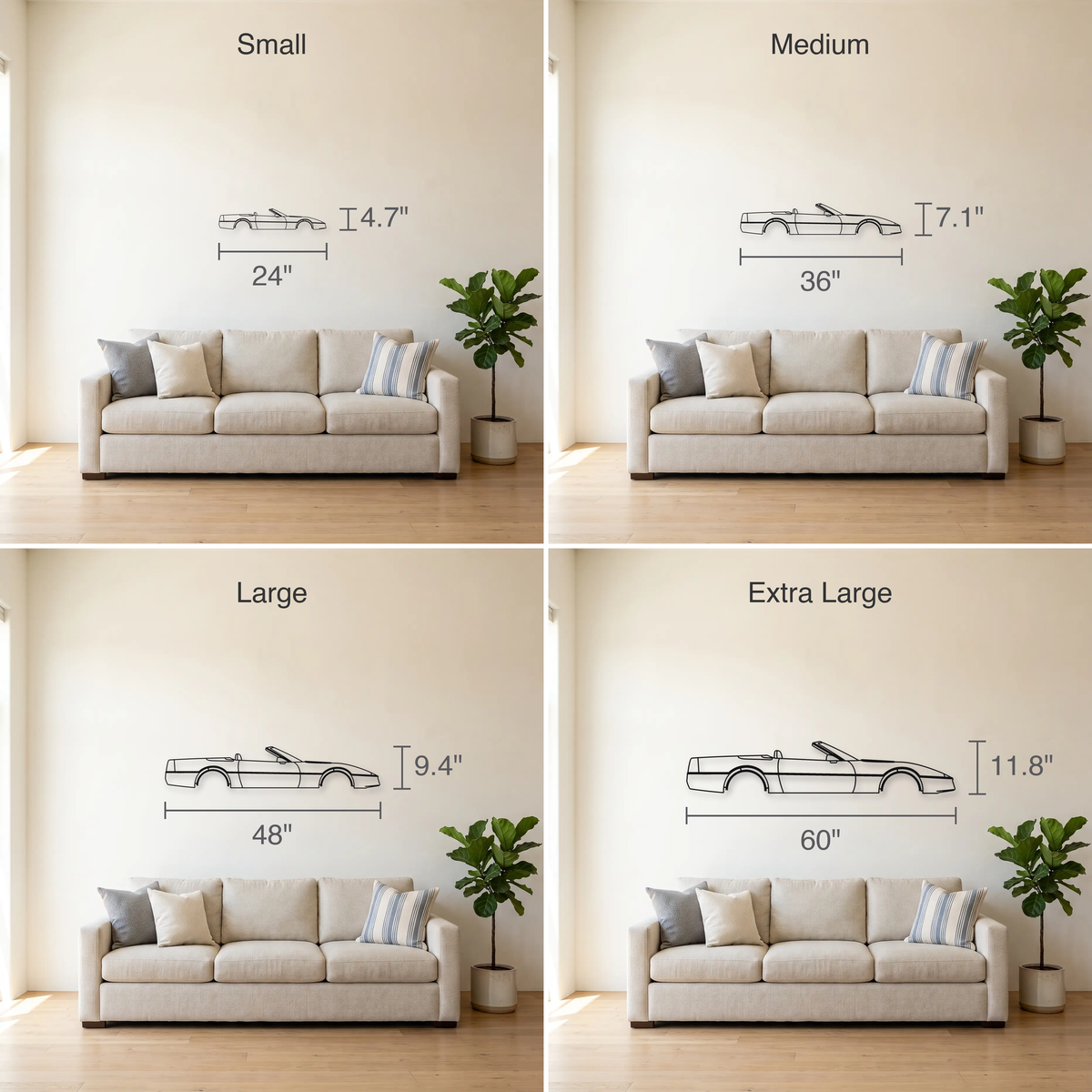 Chevrolet Corvette Convertible C4 size guide — all four sizes to scale