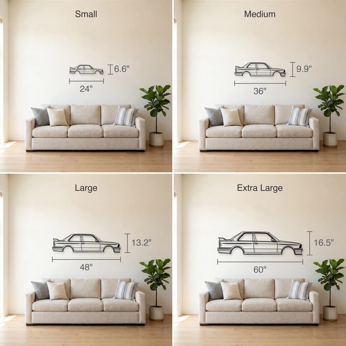 BMW M3 E30 size guide — all four sizes to scale