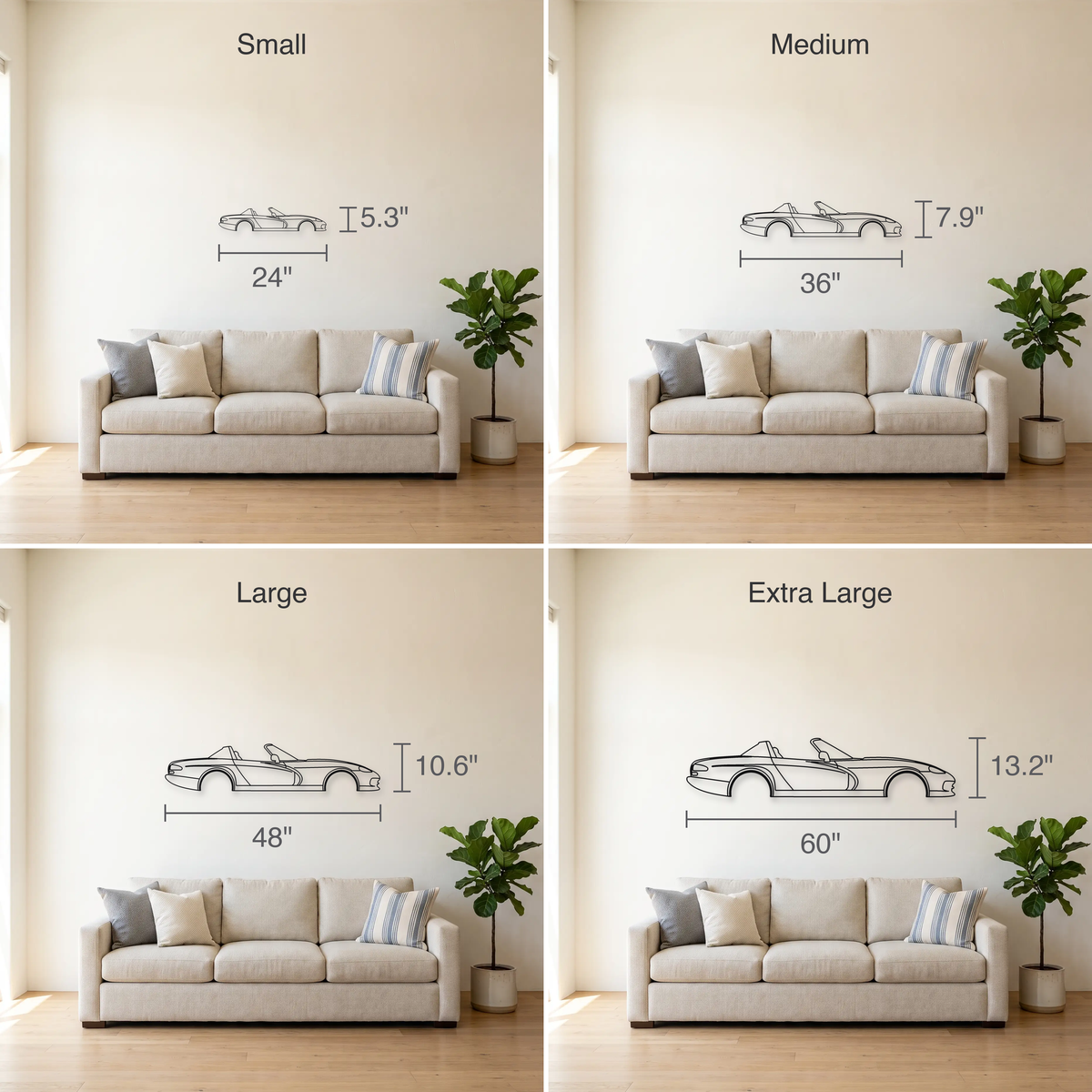 Dodge Viper RT/10 size guide — all four sizes to scale