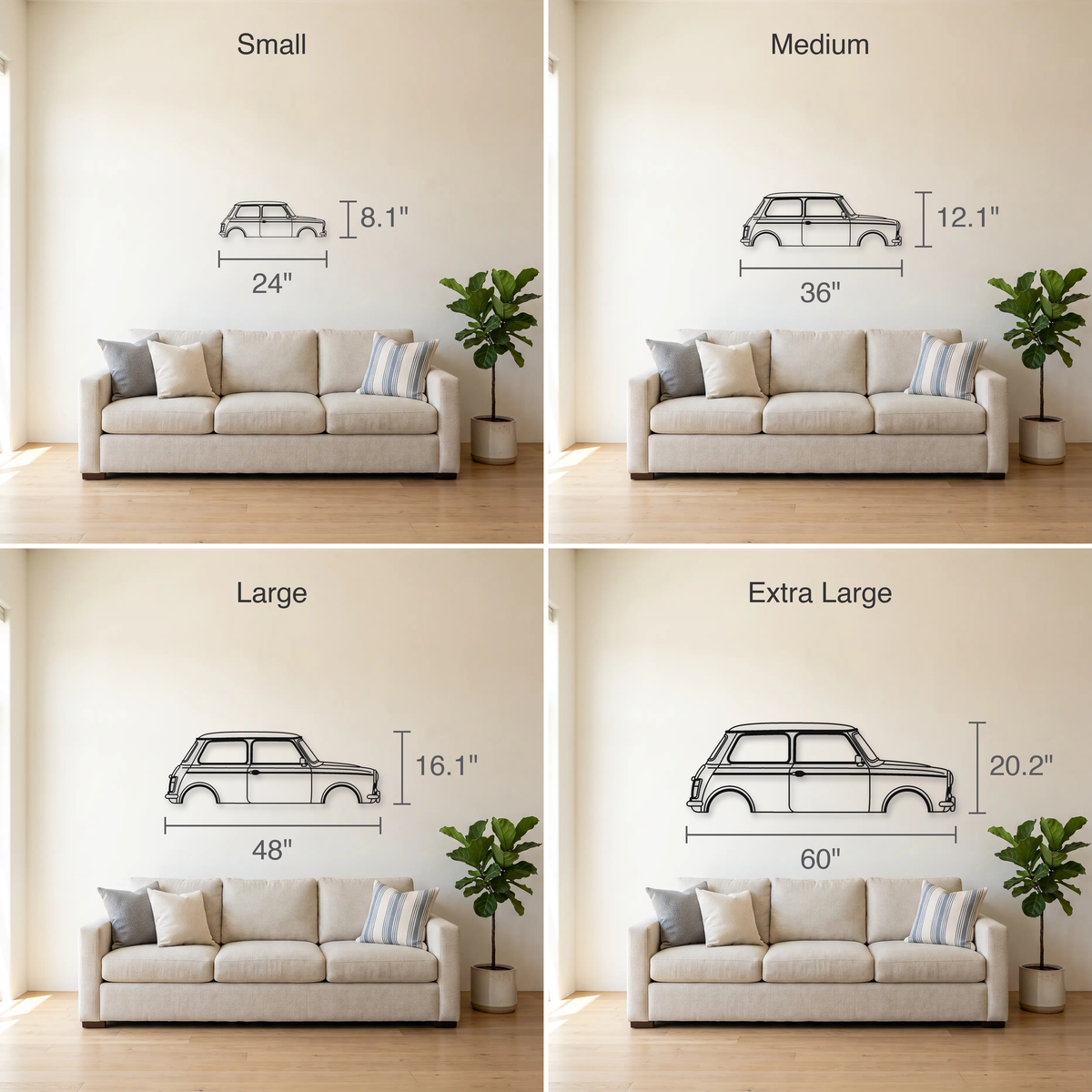 Mini Cooper S MK1/MK2 size guide — all four sizes to scale
