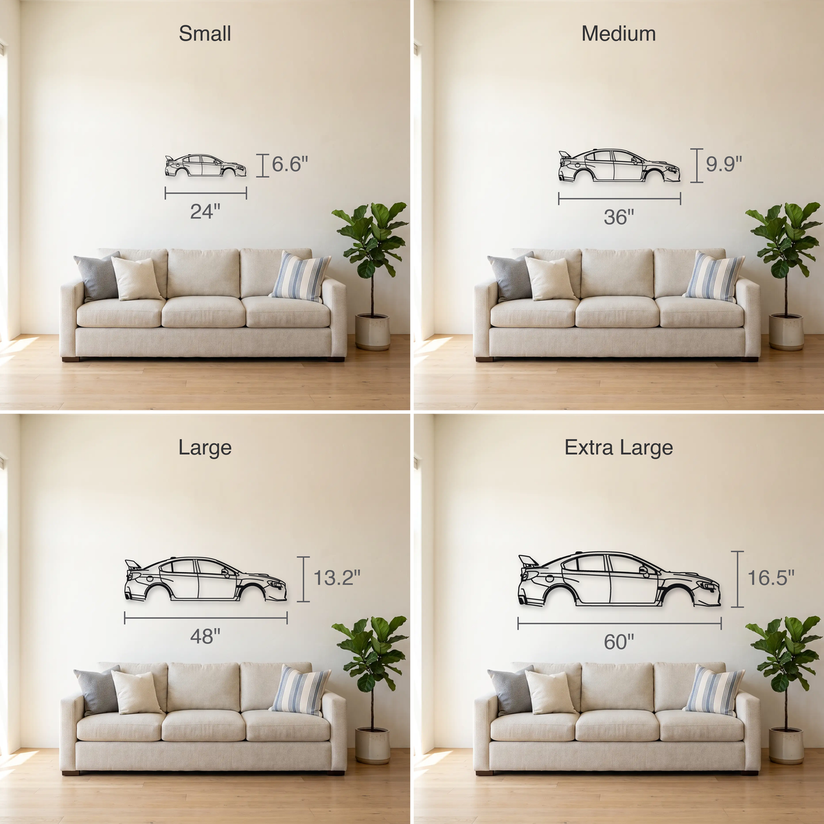 2015-19 Subaru WRX STI S207 / S208 VA size guide — all four sizes to scale