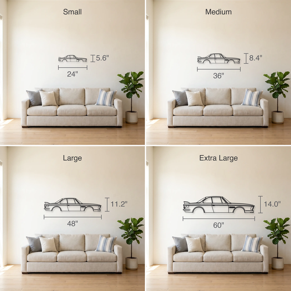 BMW 3.0 CSL E9 size guide — all four sizes to scale