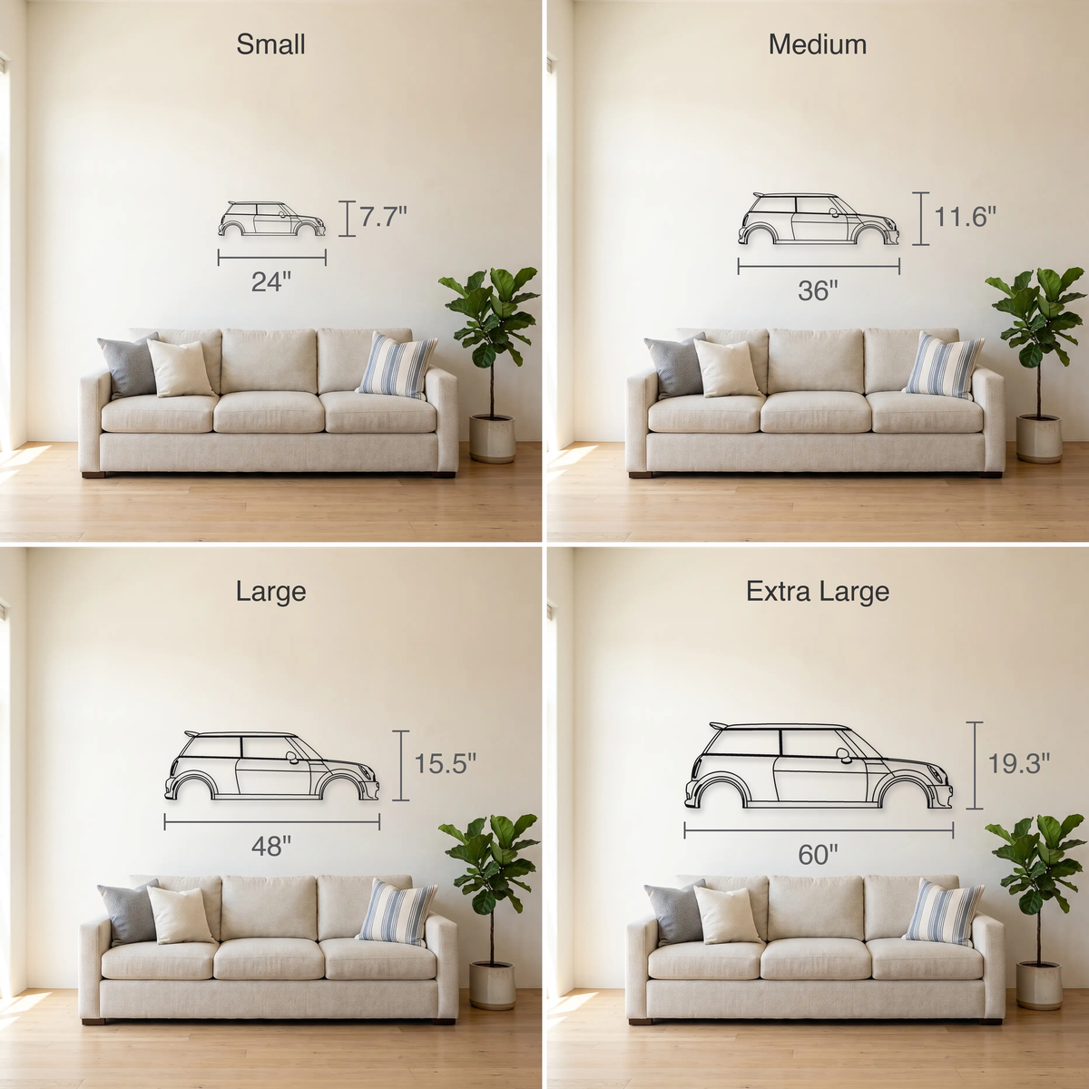 Mini Cooper S John Cooper Works GP R53 size guide — all four sizes to scale