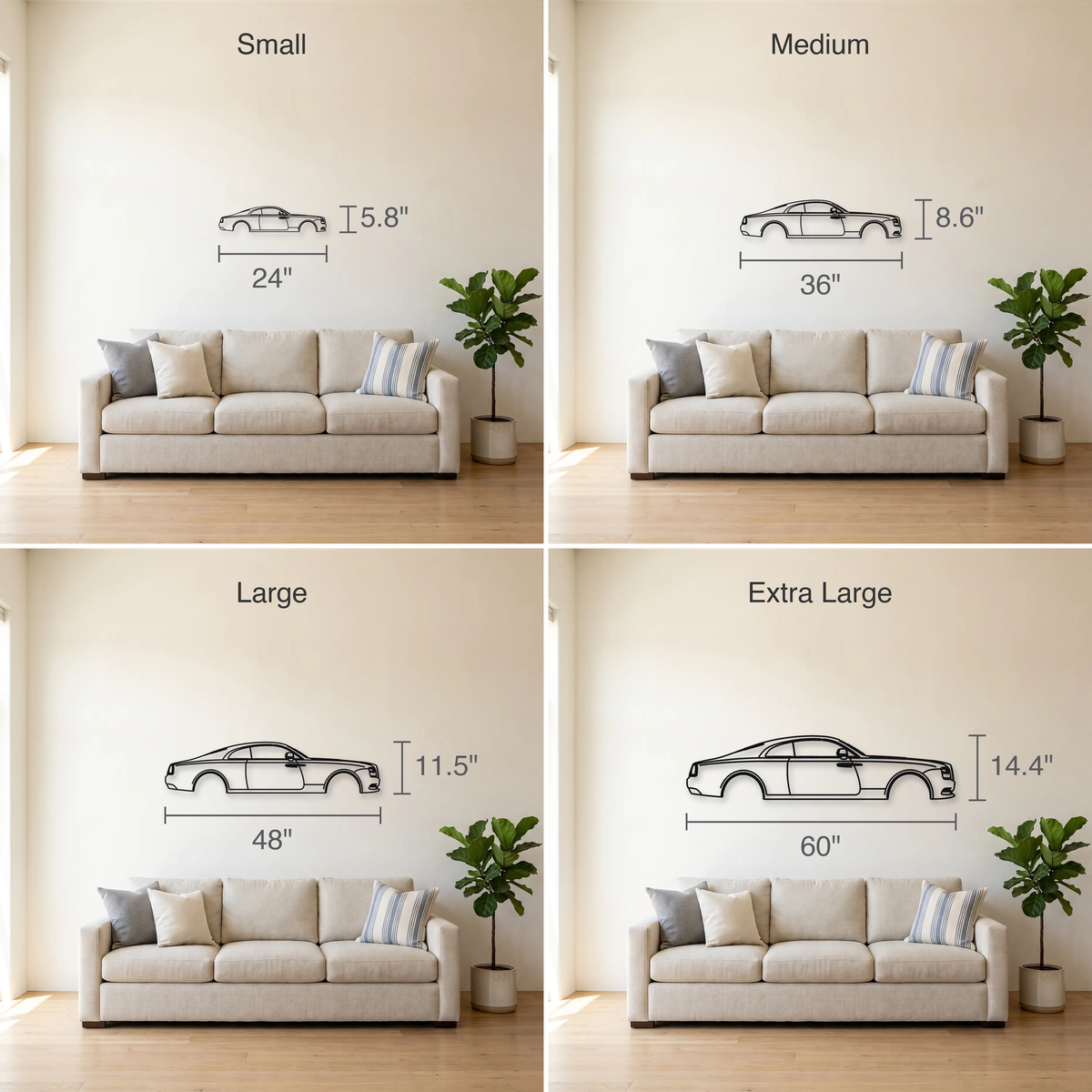 2016-23 Rolls-Royce Wraith Black Badge size guide — all four sizes to scale